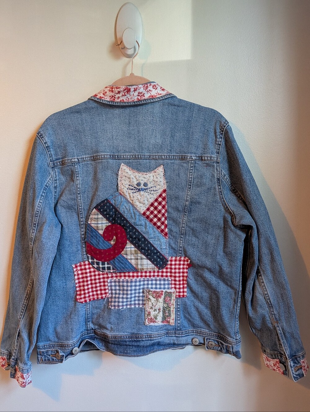 Handmade Cat Design Red Blue Embroidery Cotton Maximalist Patchwork Jeans Jacket
